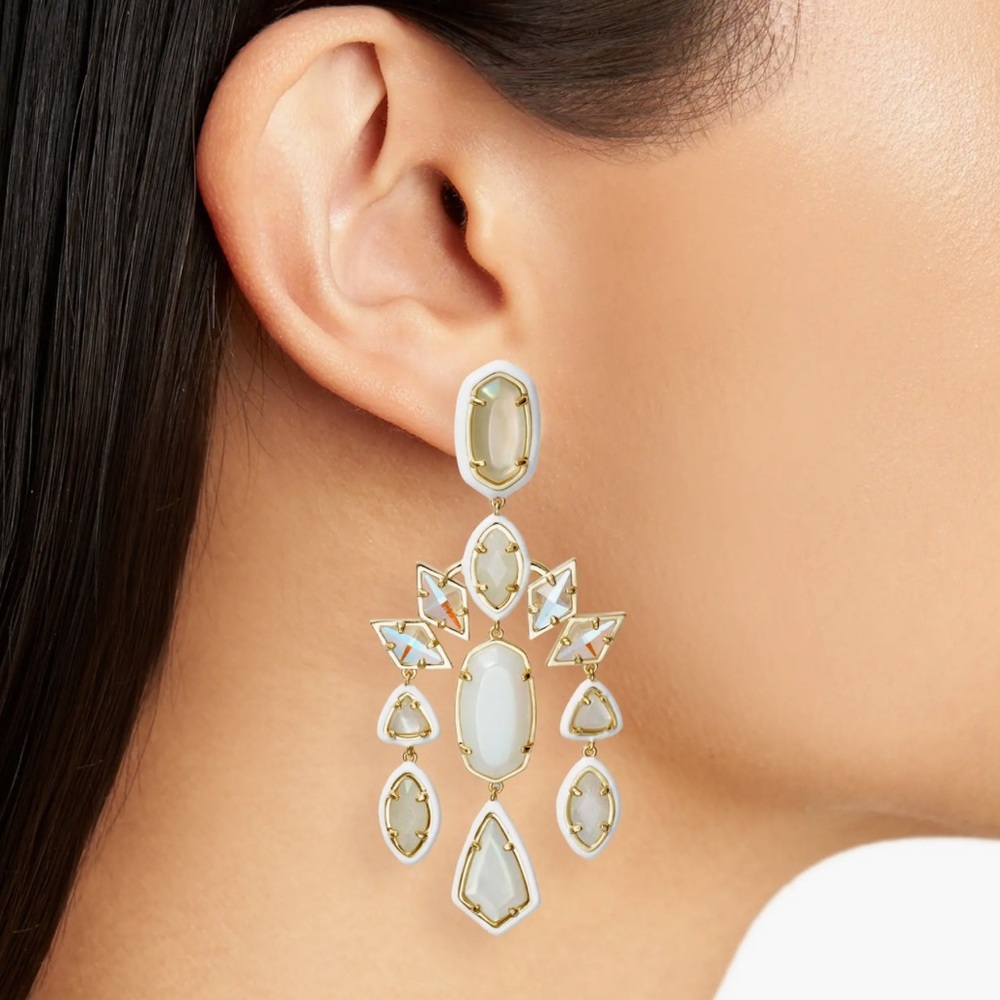 Kendra Scott Luxury Greta Gold Tone Ivory Iridescent Chandelier Earrings $198 - Picture 12 of 16